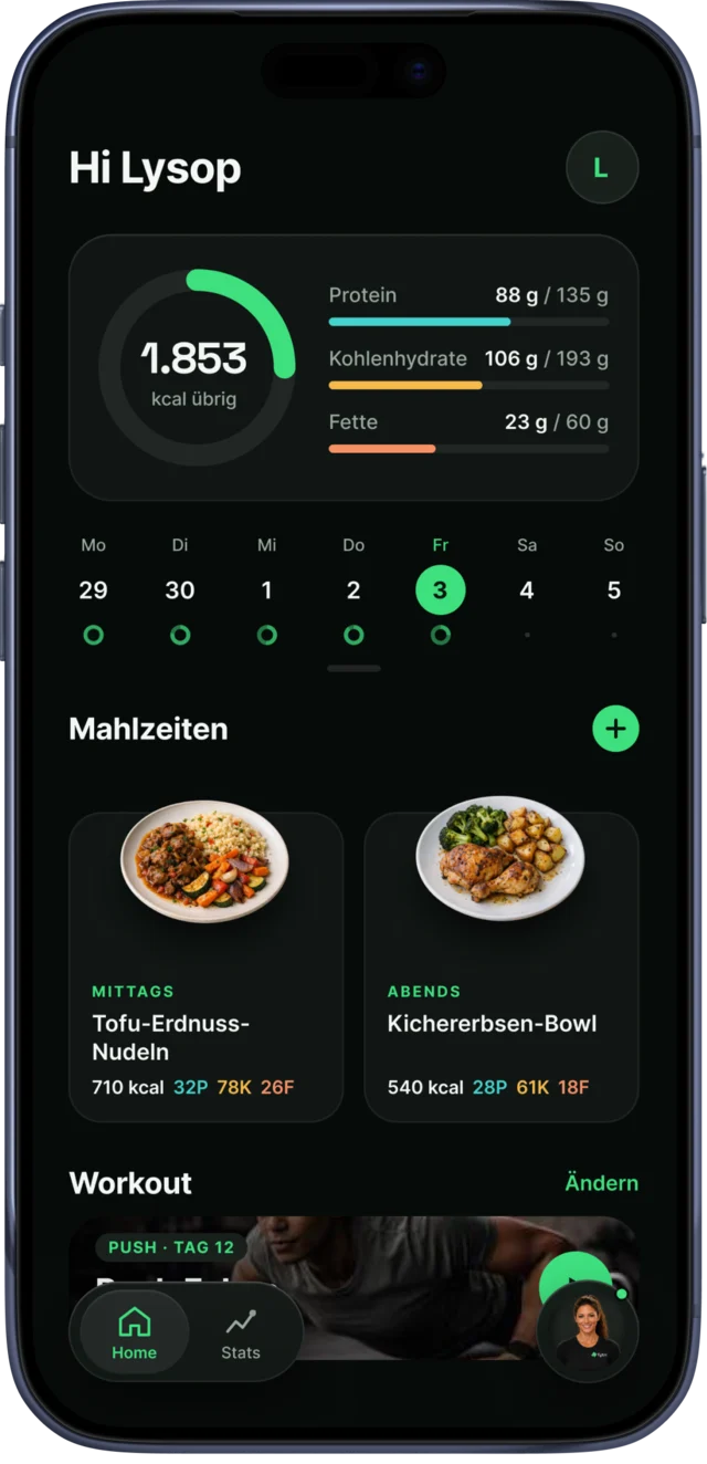 fytrr Fitness-App: Home-Screen mit Kalorienbedarf, Makros und Tagesplan