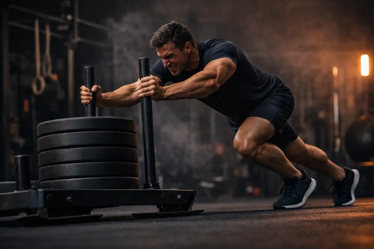 Mann schiebt schweren Gewichtsschlitten im Fitnessstudio als Vorbereitung auf Hyrox