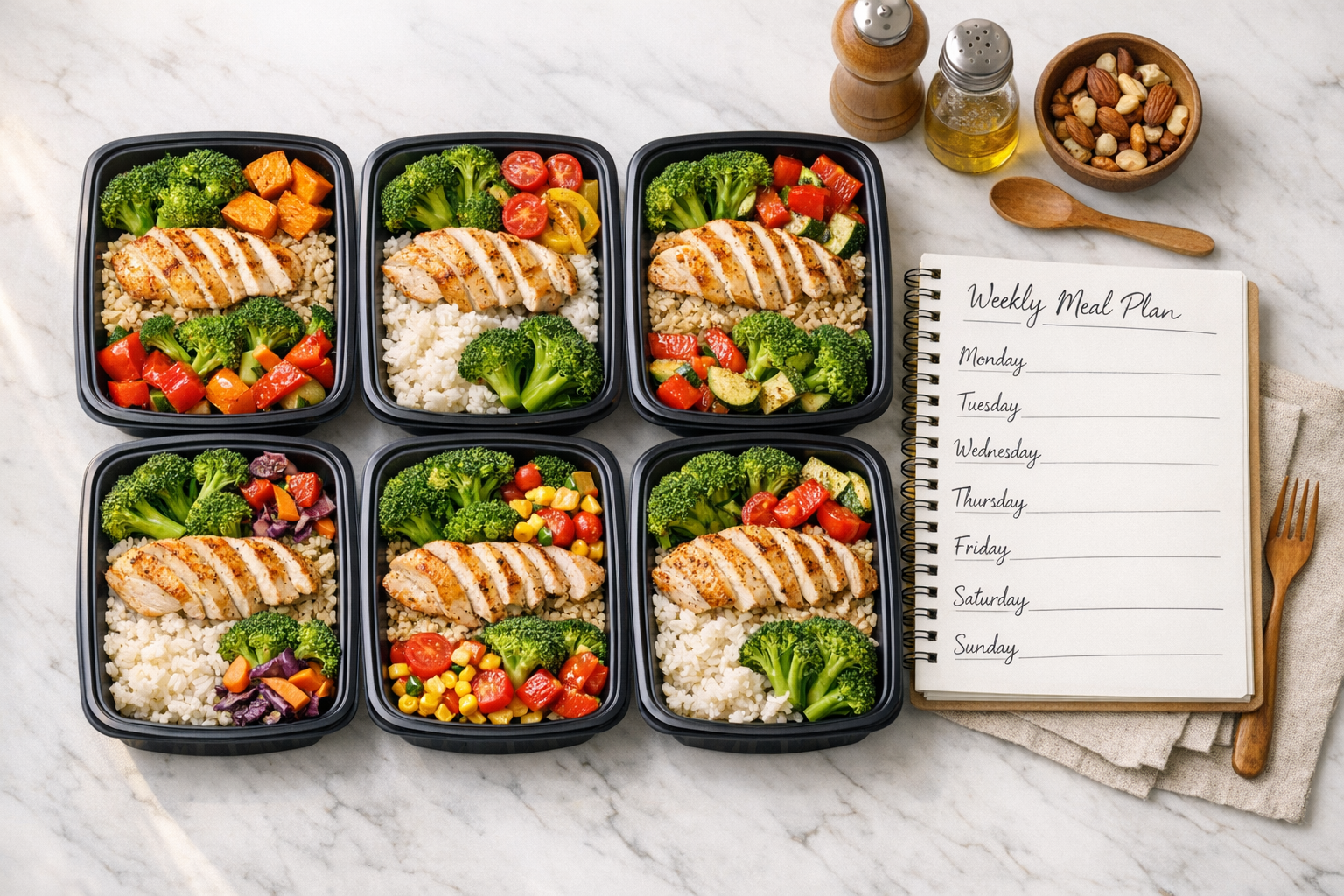 Ernährungsplan erstellen — Wochenplan mit gesunden Mahlzeiten, Einkaufsliste und Meal-Prep-Boxen auf einem Küchentisch