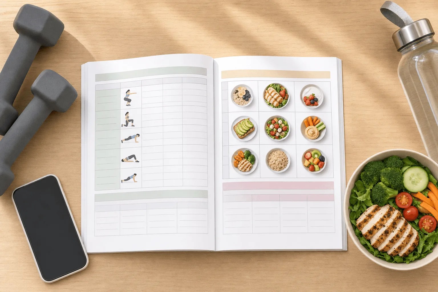 Aufgeschlagener Planer mit einem 7-Tage-Trainings- und Ernährungsplan, daneben Kurzhanteln, eine Trinkflasche, ein Smartphone und eine gesunde Schüssel mit gegrilltem Hähnchen und Salat auf einem Holztisch